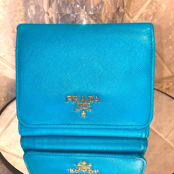 Prada Saffiano Leather Tri-fold Turchese Wallet - Picture 1 of 13